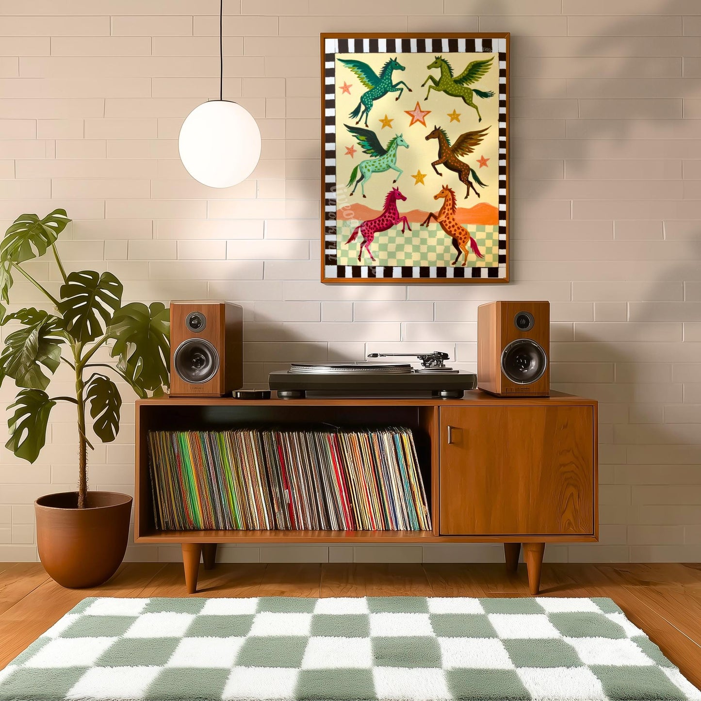 Folk Art Pegasus Print – Colorful Winged Horses Nursery Wall Art