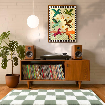 Folk Art Pegasus Print – Colorful Winged Horses Nursery Wall Art