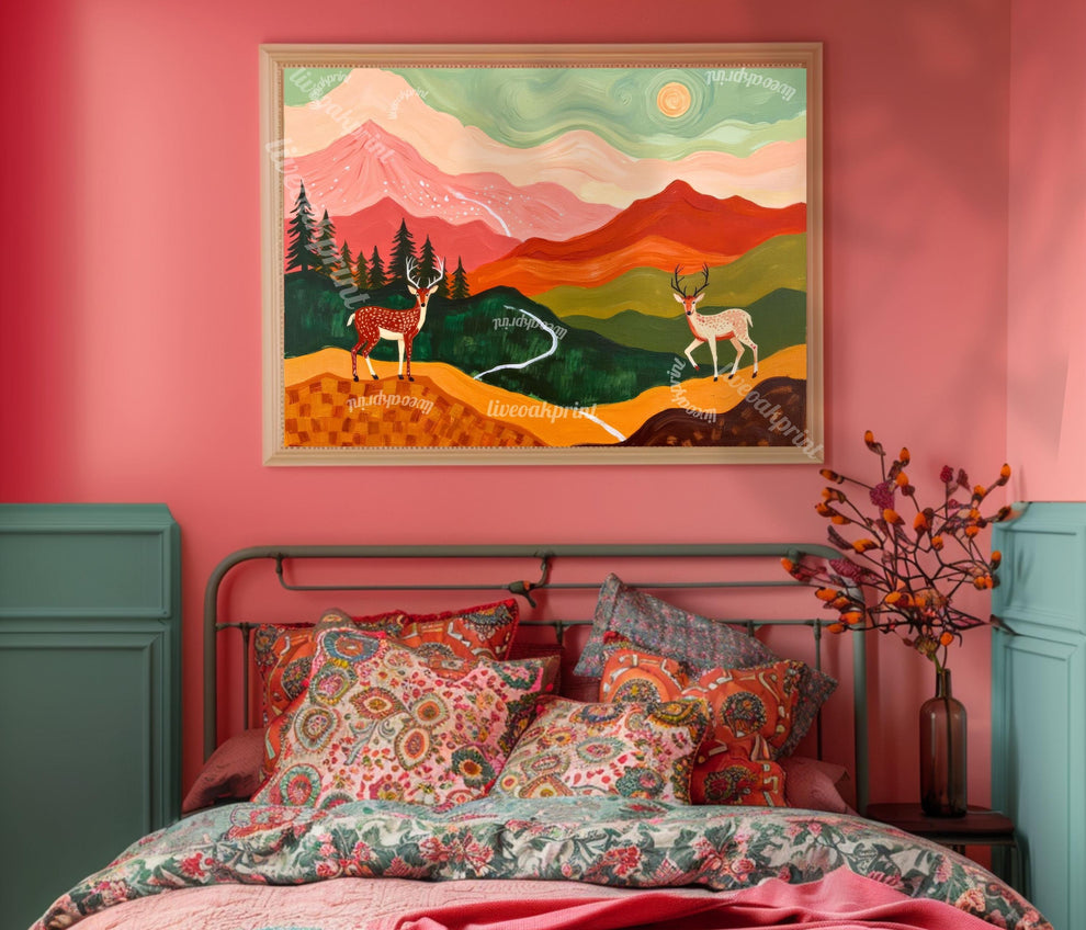 Horizontal Deer Print – Folk Art Mountain Landscape Wall Art Above Couch Nature Decor