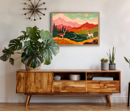 Horizontal Deer Print – Folk Art Mountain Landscape Wall Art Above Couch Nature Decor