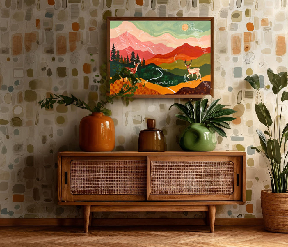 Horizontal Deer Print – Folk Art Mountain Landscape Wall Art Above Couch Nature Decor