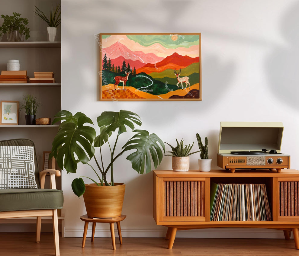 Horizontal Deer Print – Folk Art Mountain Landscape Wall Art Above Couch Nature Decor