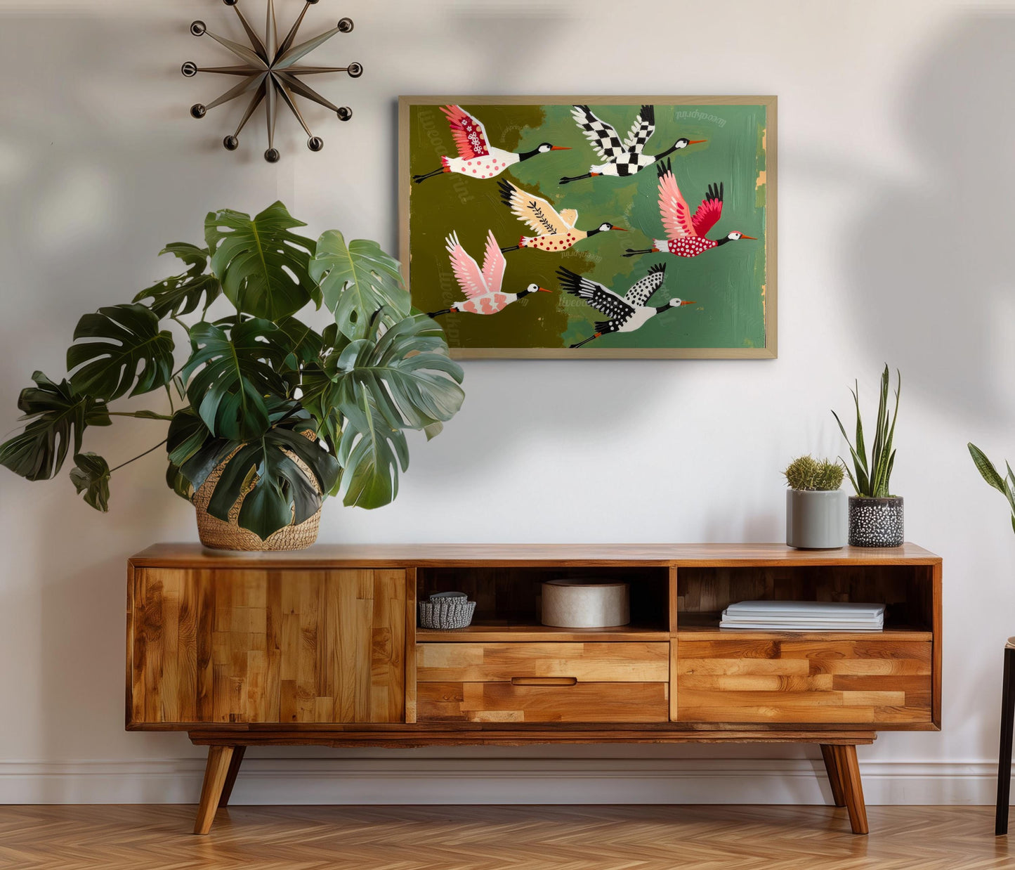 Mid Century Modern Cranes Print: Teal Folk Art Wall Decor