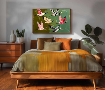 Mid Century Modern Cranes Print: Teal Folk Art Wall Decor