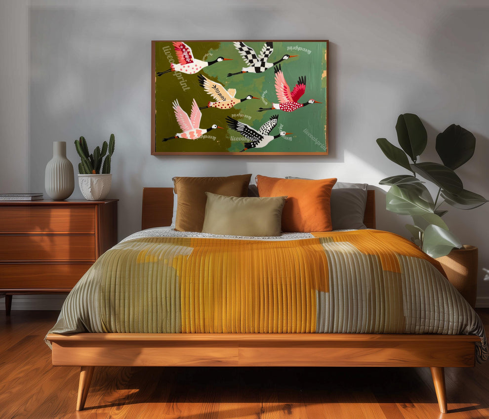 Mid Century Modern Cranes Print: Teal Folk Art Wall Decor