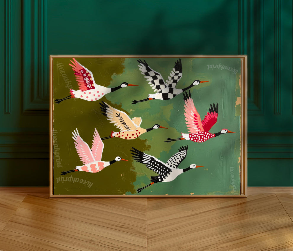 Mid Century Modern Cranes Print: Teal Folk Art Wall Decor