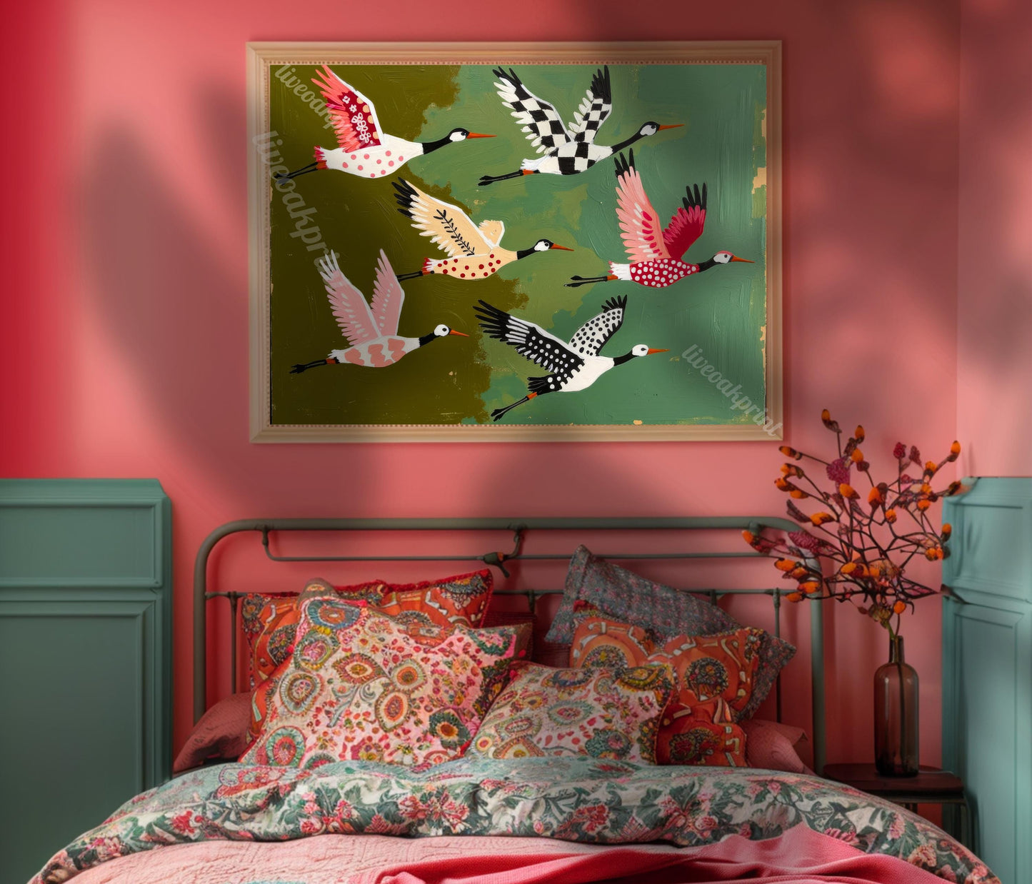 Mid Century Modern Cranes Print: Teal Folk Art Wall Decor