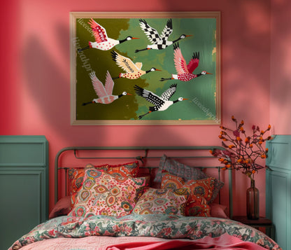 Mid Century Modern Cranes Print: Teal Folk Art Wall Decor