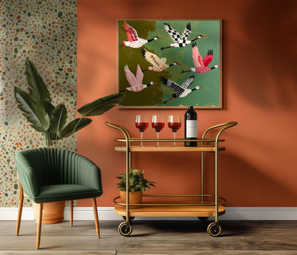 Mid Century Modern Cranes Print: Teal Folk Art Wall Decor
