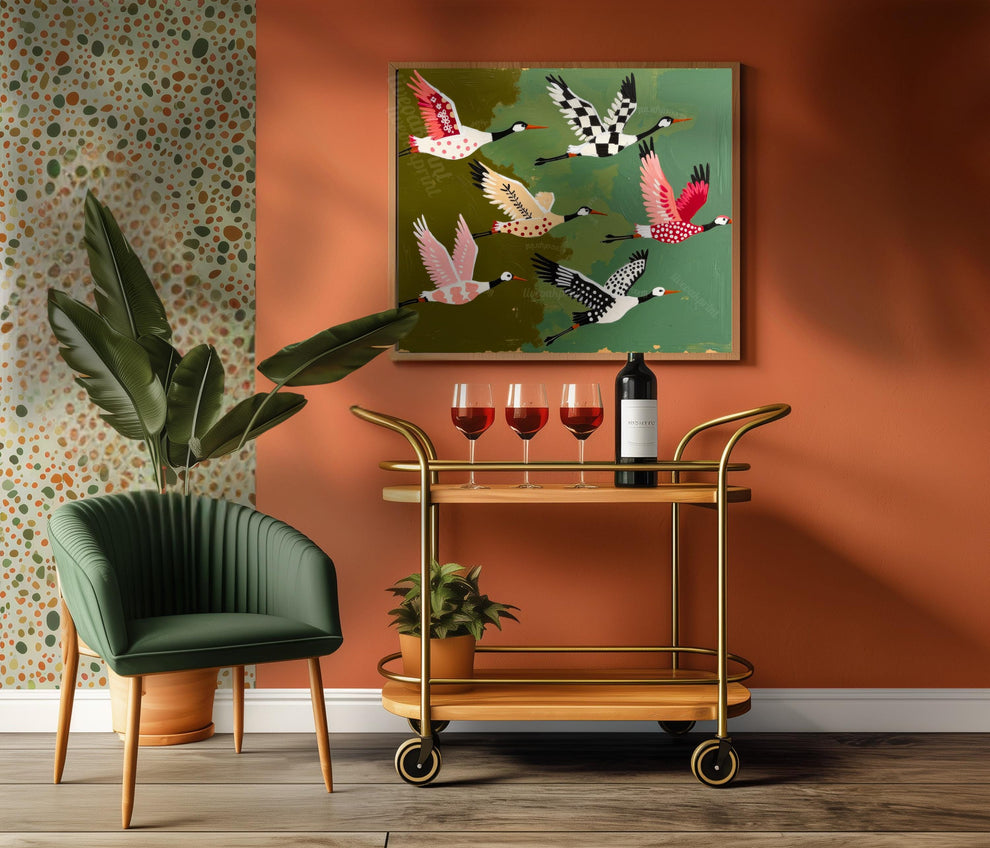 Mid Century Modern Cranes Print: Teal Folk Art Wall Decor