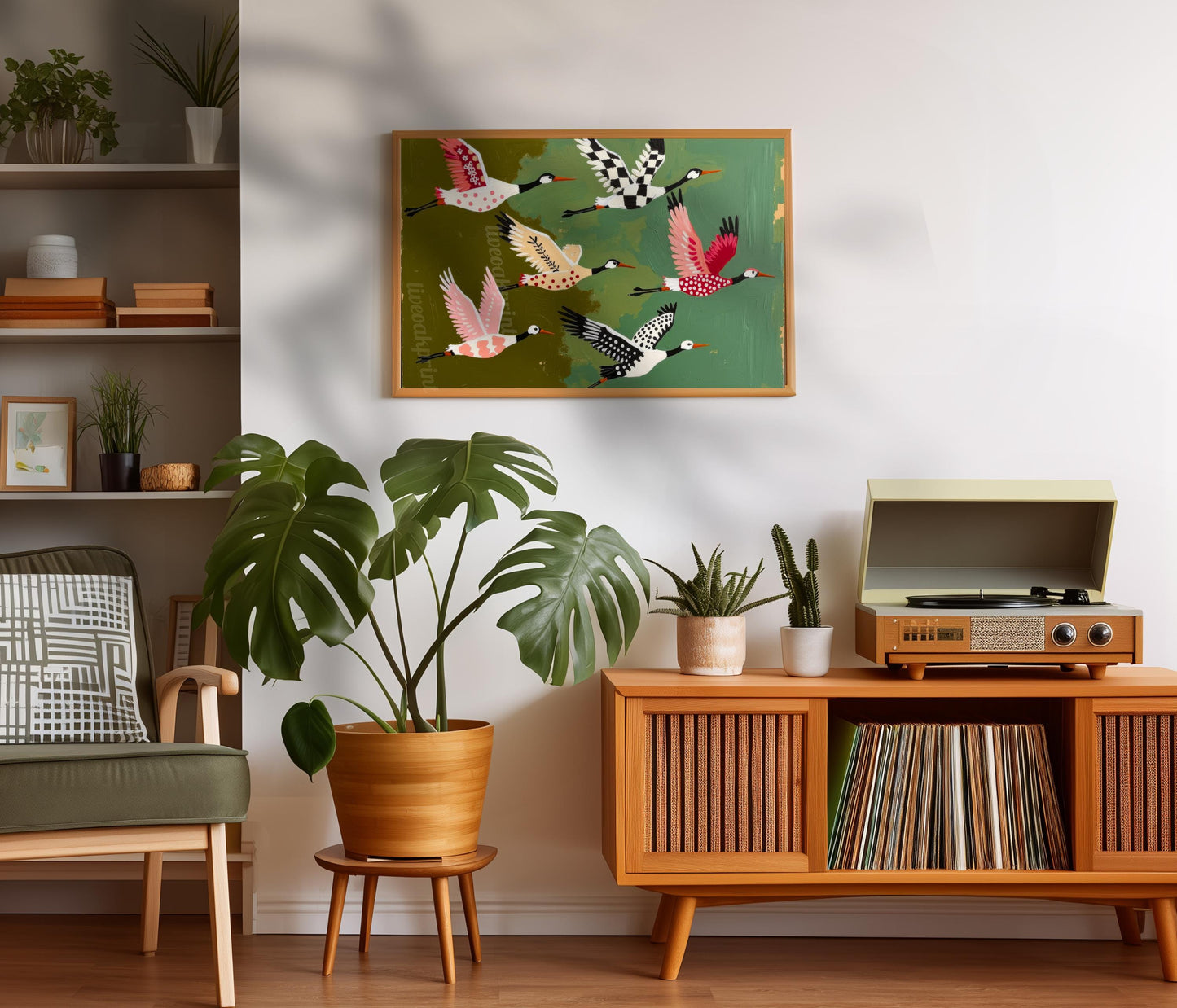 Mid Century Modern Cranes Print: Teal Folk Art Wall Decor