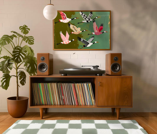 Mid Century Modern Cranes Print: Teal Folk Art Wall Decor