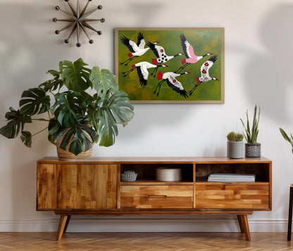 Japandi Crane Print – Japanese Cranes Mid Century Wall Art Decor