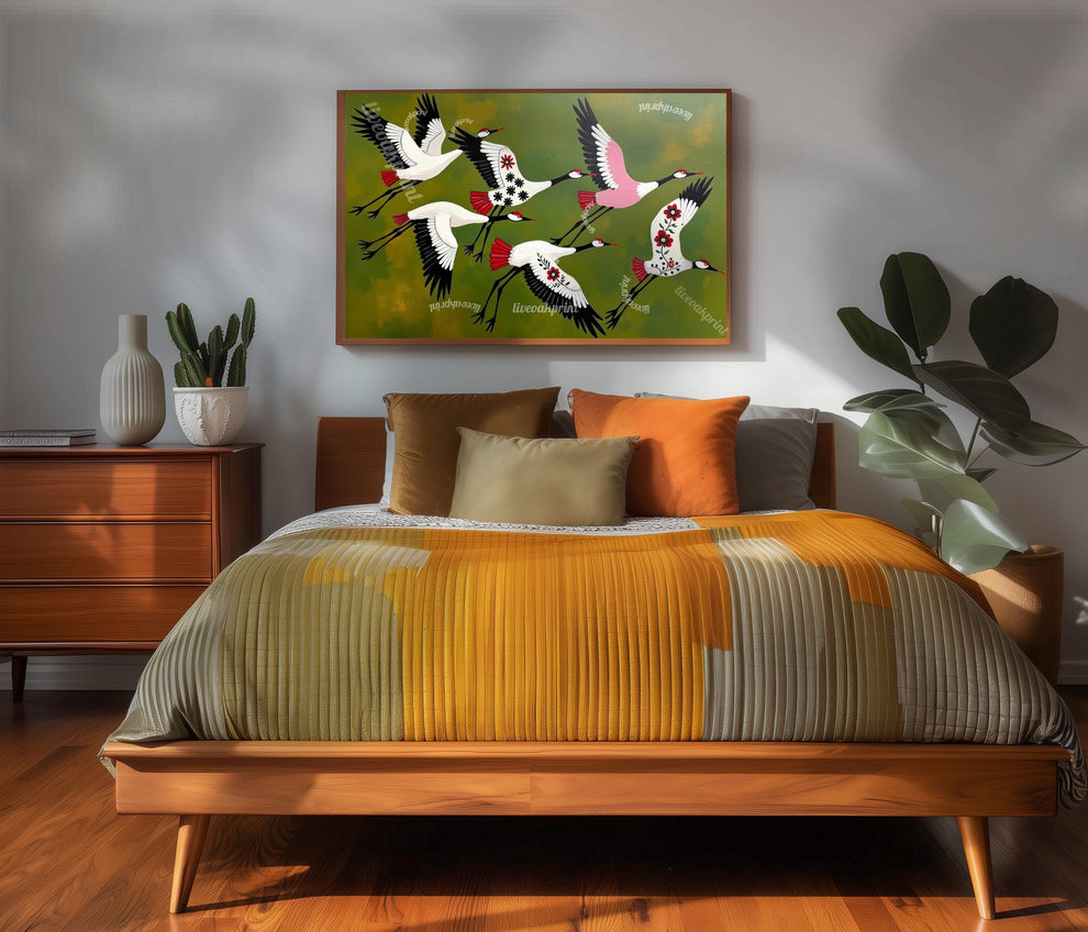 Japandi Crane Print – Japanese Cranes Mid Century Wall Art Decor