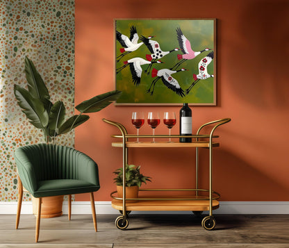 Japandi Crane Print – Japanese Cranes Mid Century Wall Art Decor
