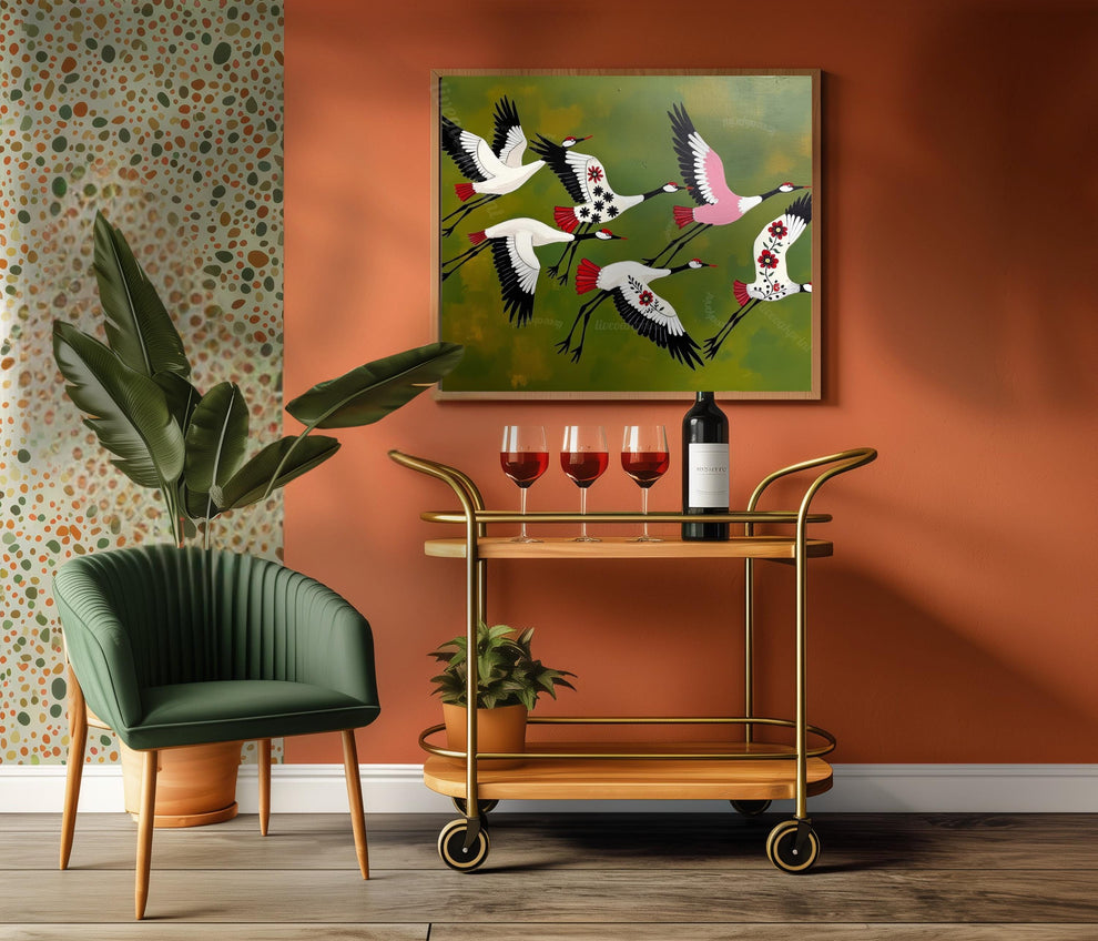 Japandi Crane Print – Japanese Cranes Mid Century Wall Art Decor