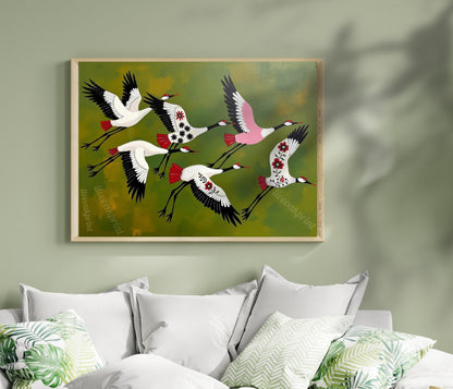 Japandi Crane Print – Japanese Cranes Mid Century Wall Art Decor