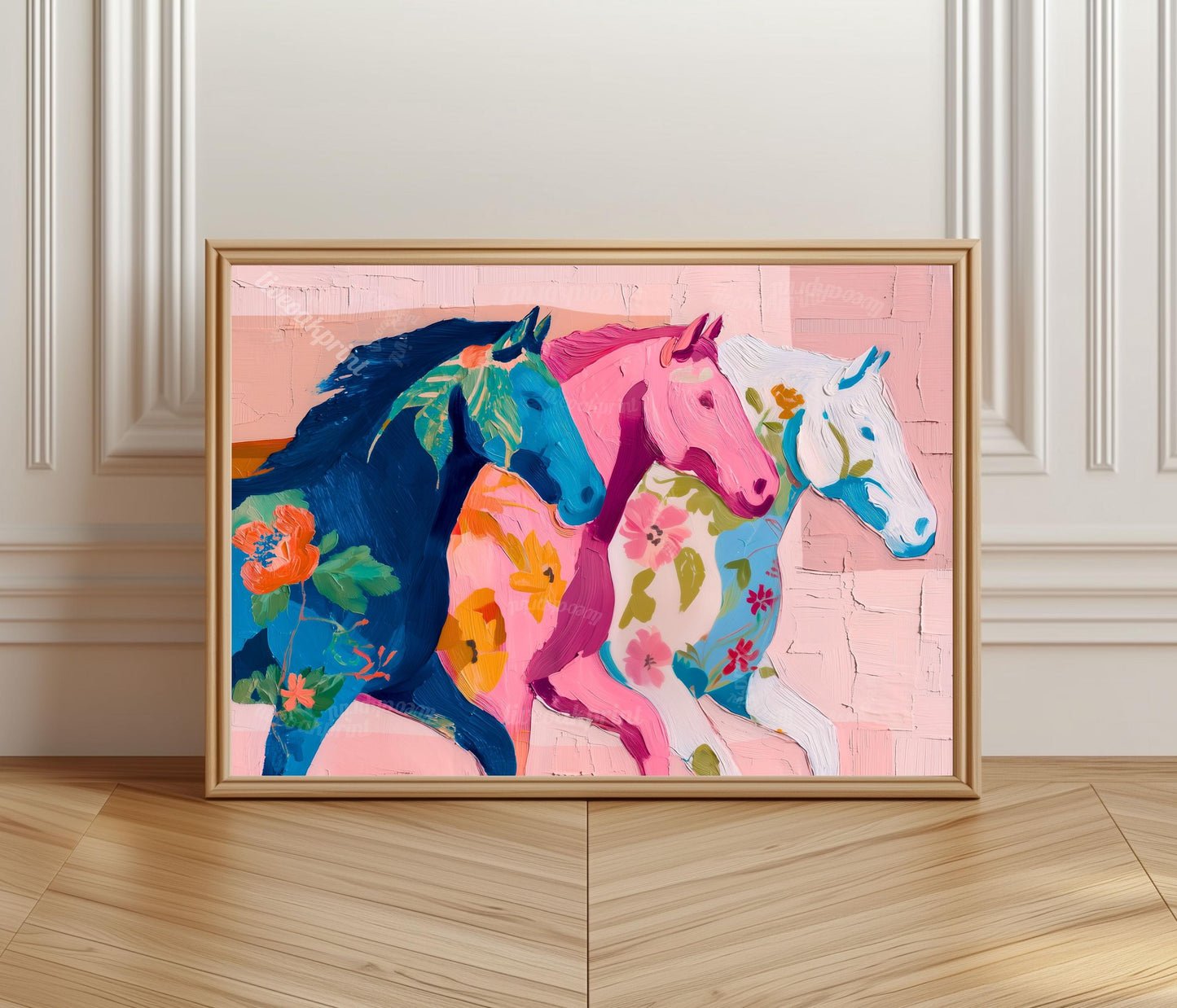 Pink Horizontal Horse Print – Modern Western Decor Pastel Floral Folk Art Blue Wall Decor