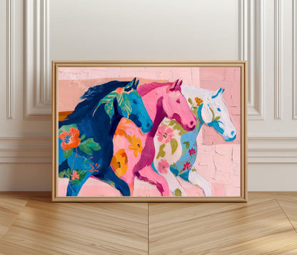 Pink Horizontal Horse Print – Modern Western Decor Pastel Floral Folk Art Blue Wall Decor