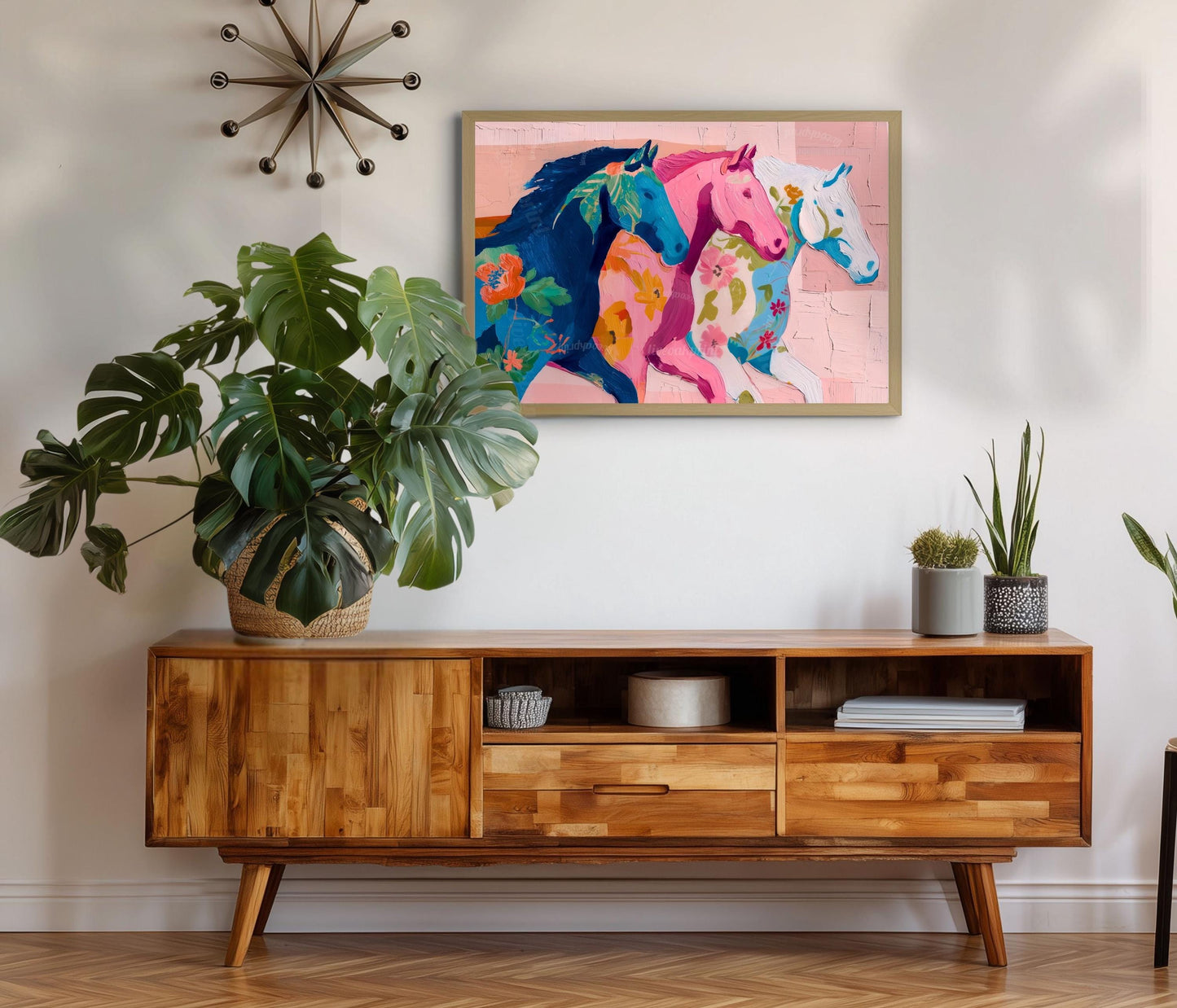 Pink Horizontal Horse Print – Modern Western Decor Pastel Floral Folk Art Blue Wall Decor