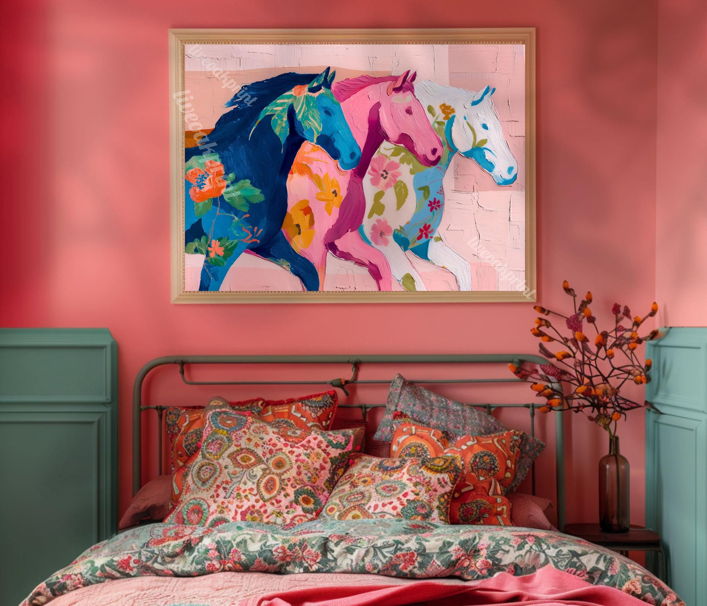 Pink Horizontal Horse Print – Modern Western Decor Pastel Floral Folk Art Blue Wall Decor