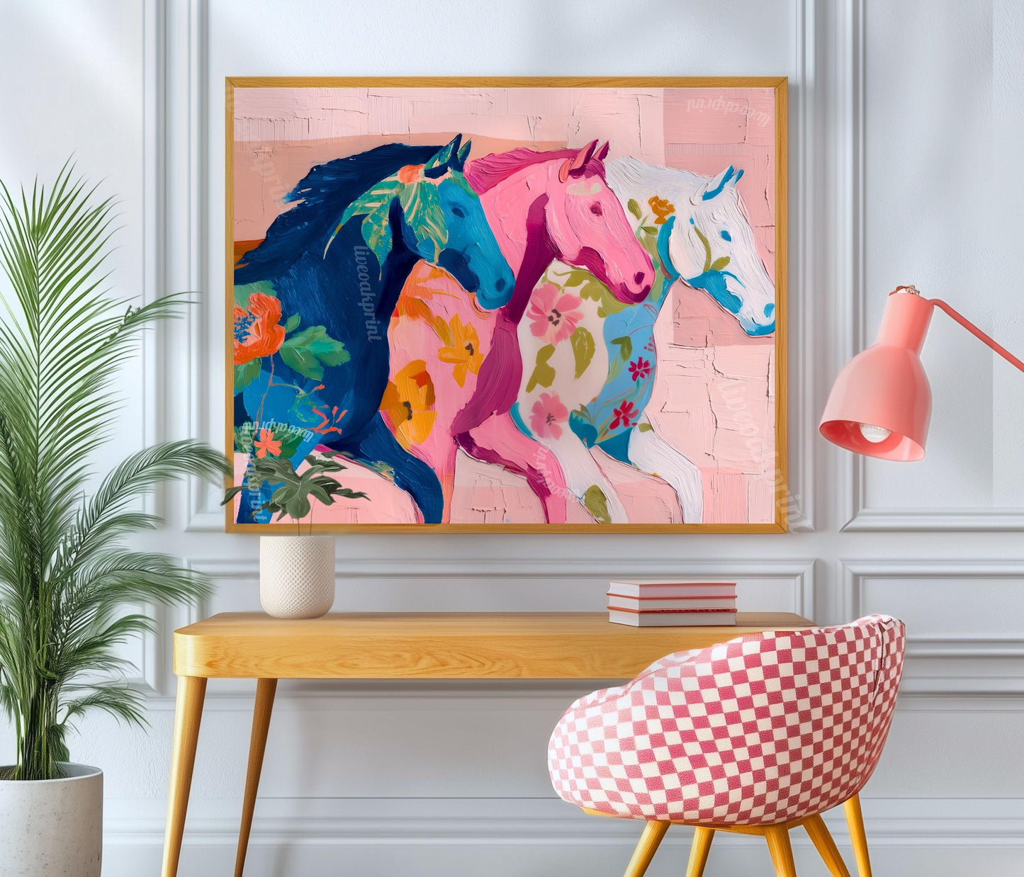 Pink Horizontal Horse Print – Modern Western Decor Pastel Floral Folk Art Blue Wall Decor