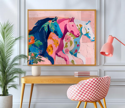 Pink Horizontal Horse Print – Modern Western Decor Pastel Floral Folk Art Blue Wall Decor