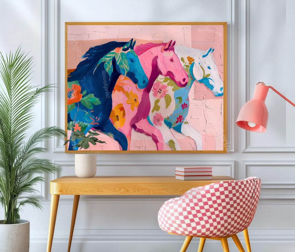Pink Horizontal Horse Print – Modern Western Decor Pastel Floral Folk Art Blue Wall Decor