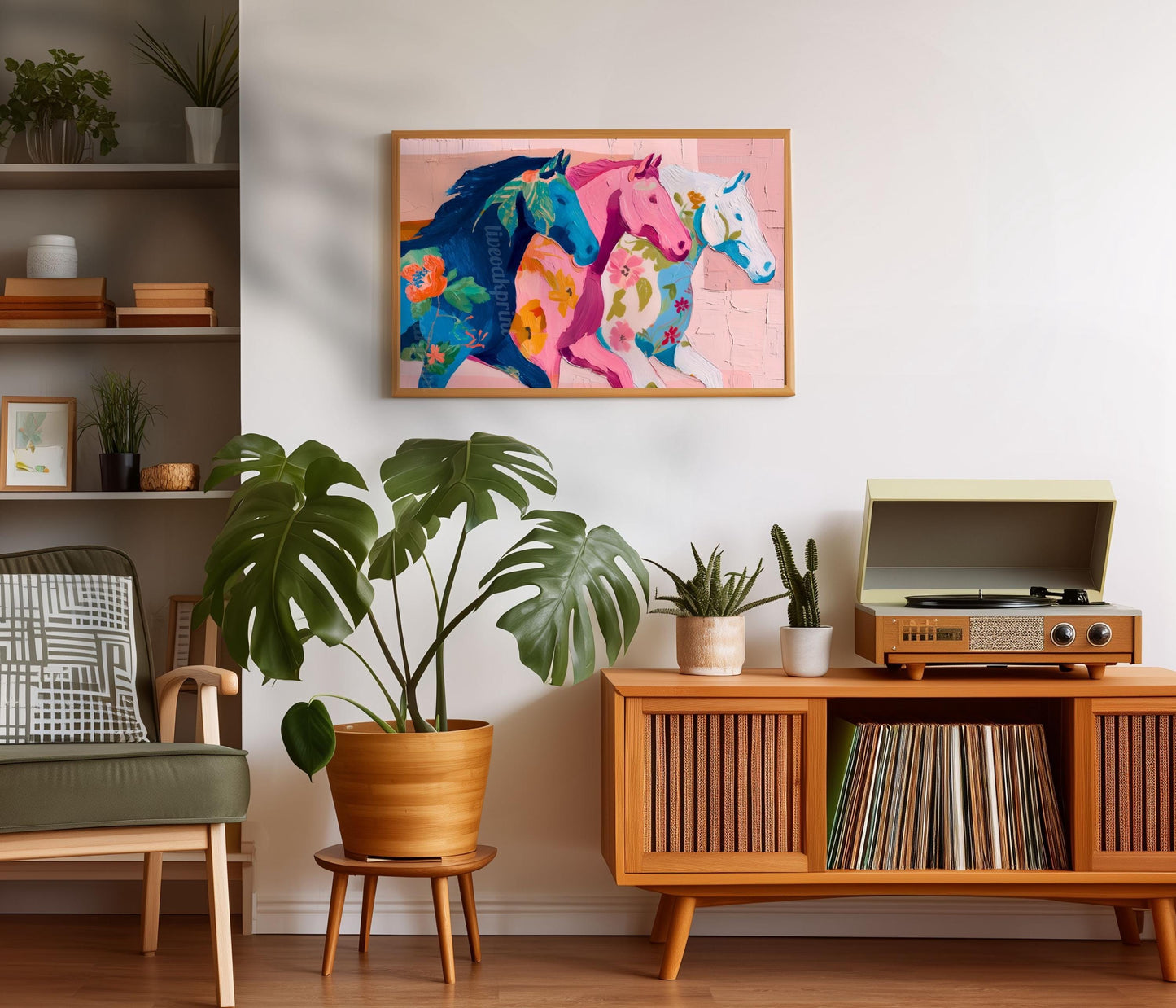 Pink Horizontal Horse Print – Modern Western Decor Pastel Floral Folk Art Blue Wall Decor