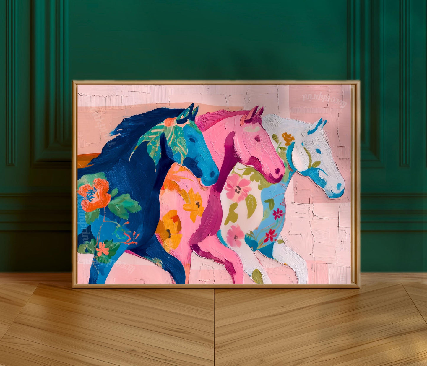 Pink Horizontal Horse Print – Modern Western Decor Pastel Floral Folk Art Blue Wall Decor