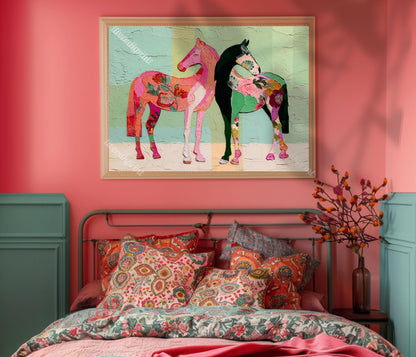 Horizontal Horse Print – Mid Century Horses Pink Green Floral Folk Art Wall Decor