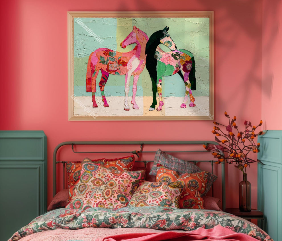 Horizontal Horse Print – Mid Century Horses Pink Green Floral Folk Art Wall Decor