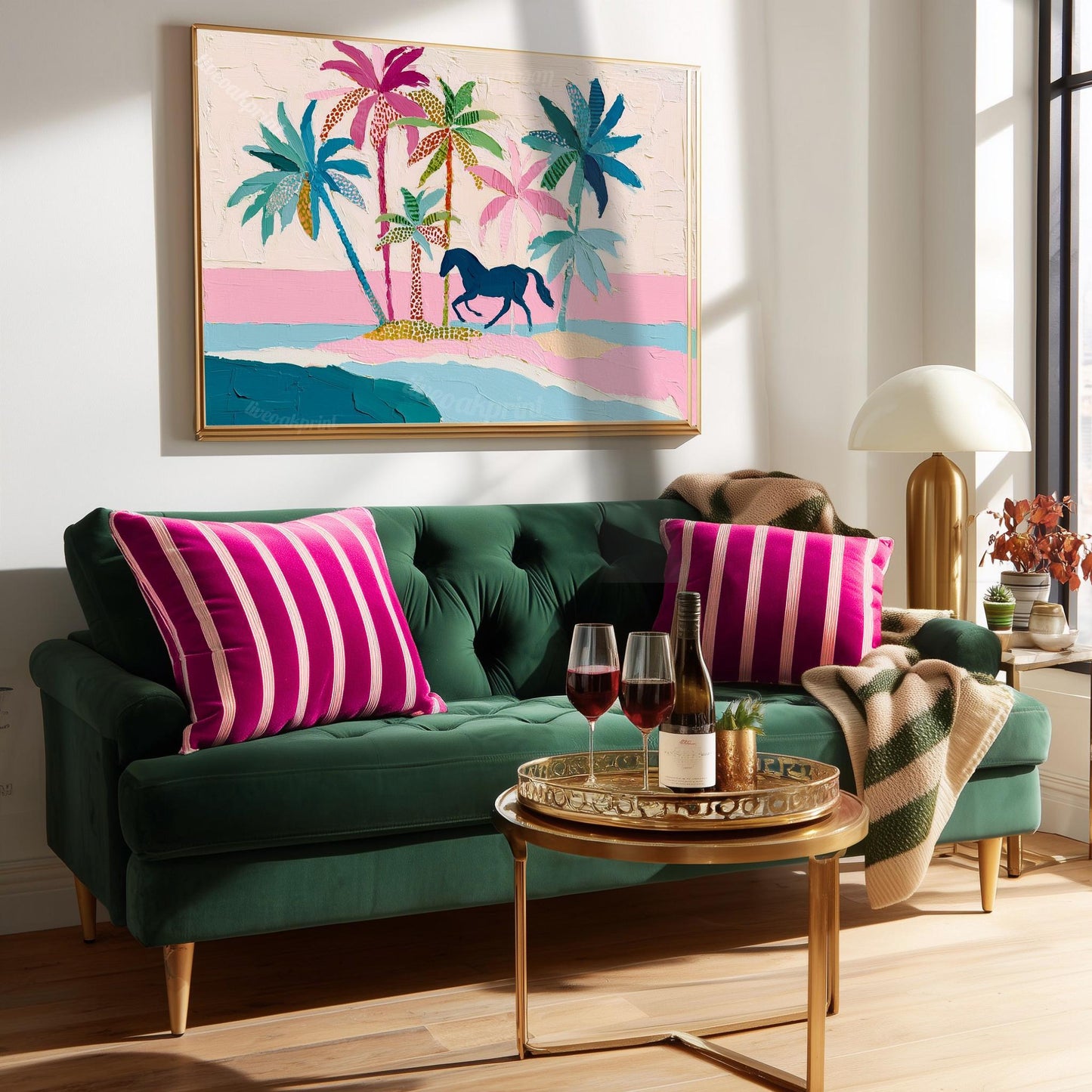 Coastal Cowgirl Horse Print – Tropical Palm Tree Folk Art Wall Decor Framed Canvas