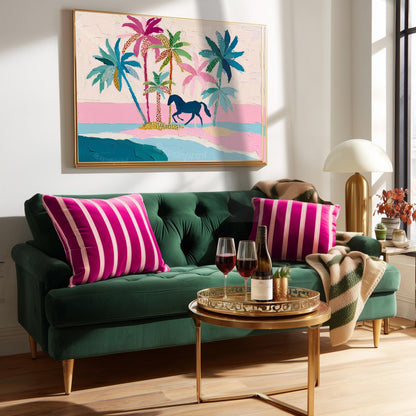 Coastal Cowgirl Horse Print – Tropical Palm Tree Folk Art Wall Decor Framed Canvas