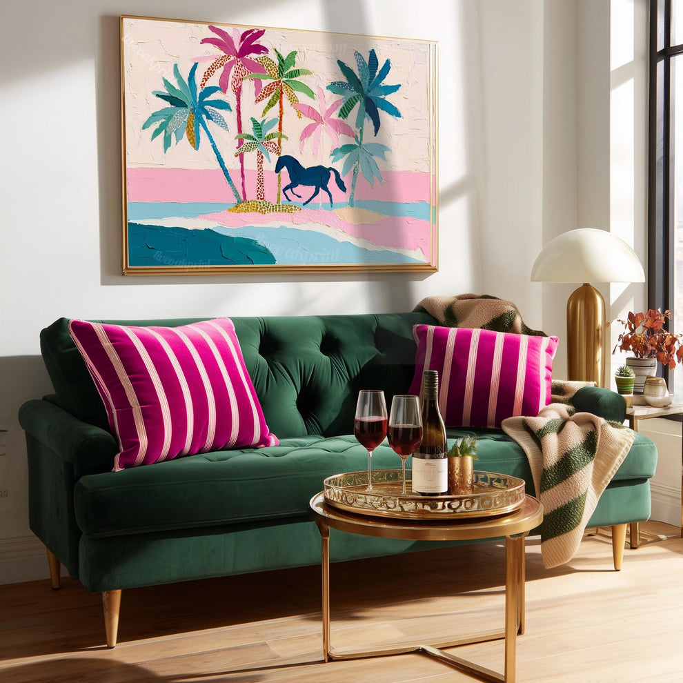 Coastal Cowgirl Horse Print – Tropical Palm Tree Folk Art Wall Decor Framed Canvas