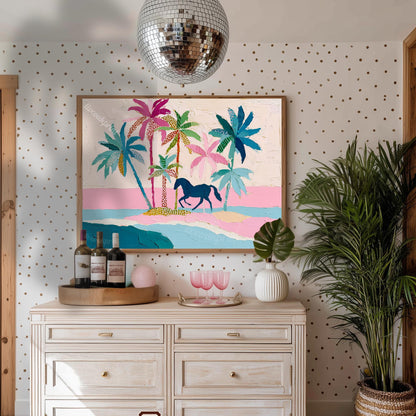 Coastal Cowgirl Horse Print – Tropical Palm Tree Folk Art Wall Decor Framed Canvas