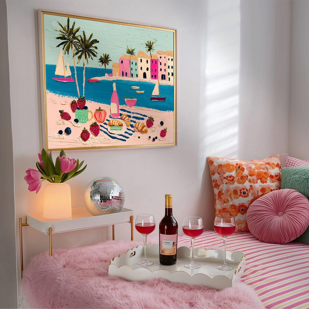 Romantic Riviera Print - Beach Charcuterie Board Wall Art Mediterranean Coastal Decor Framed Canvas