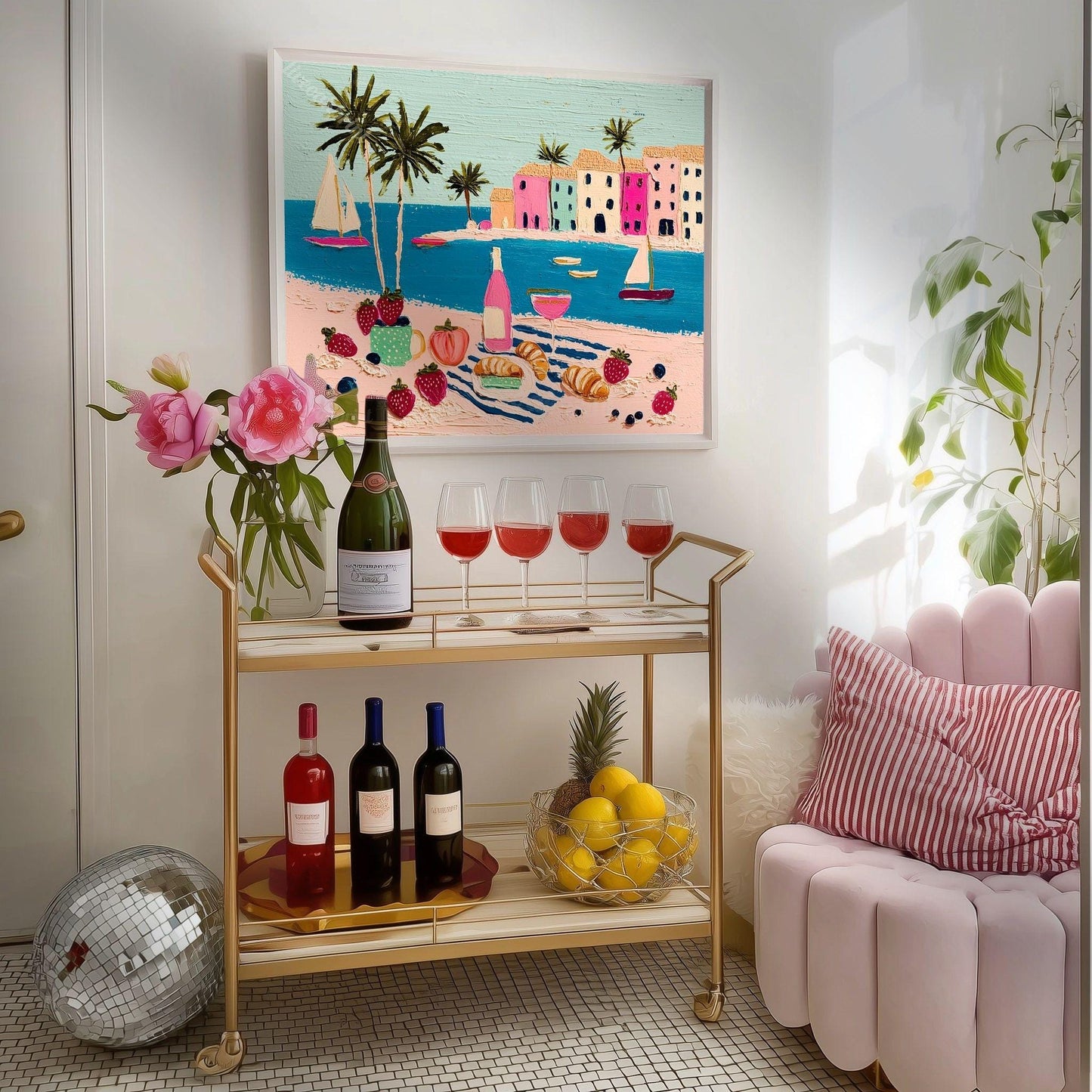 Romantic Riviera Print - Beach Charcuterie Board Wall Art Mediterranean Coastal Decor Framed Canvas