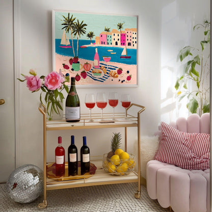 Romantic Riviera Print - Beach Charcuterie Board Wall Art Mediterranean Coastal Decor Framed Canvas