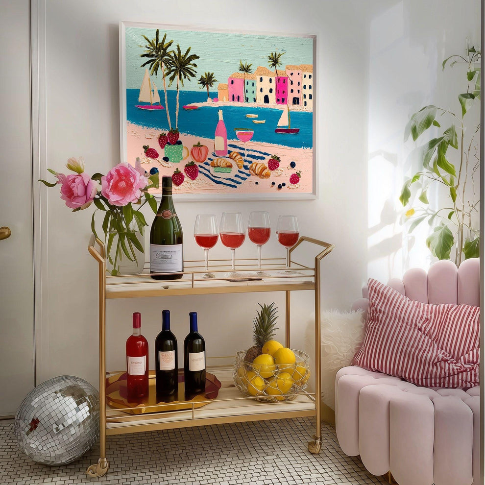 Romantic Riviera Print - Beach Charcuterie Board Wall Art Mediterranean Coastal Decor Framed Canvas
