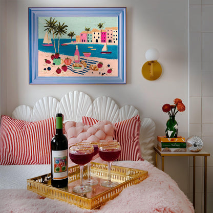 Romantic Riviera Print - Beach Charcuterie Board Wall Art Mediterranean Coastal Decor Framed Canvas