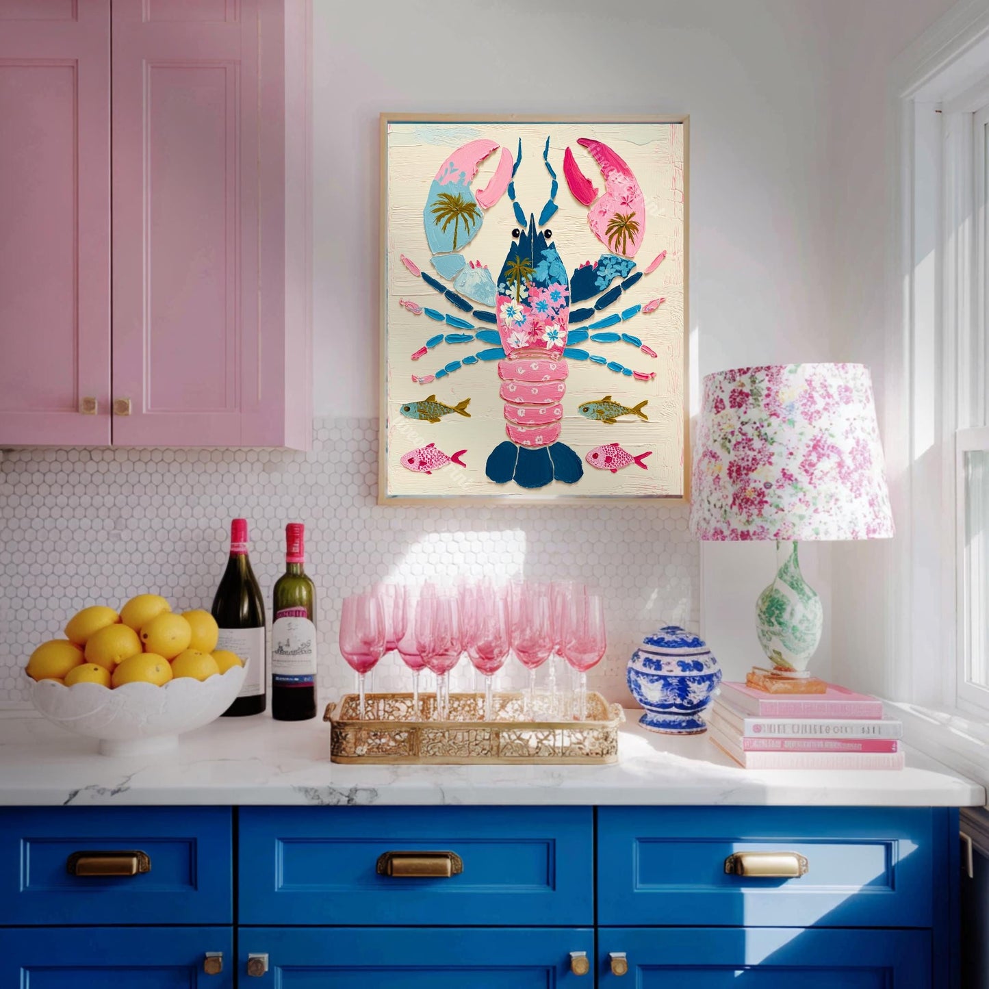Colorful Lobster Art Print – Pink Floral Preppy Coastal Maximalism Wall Art