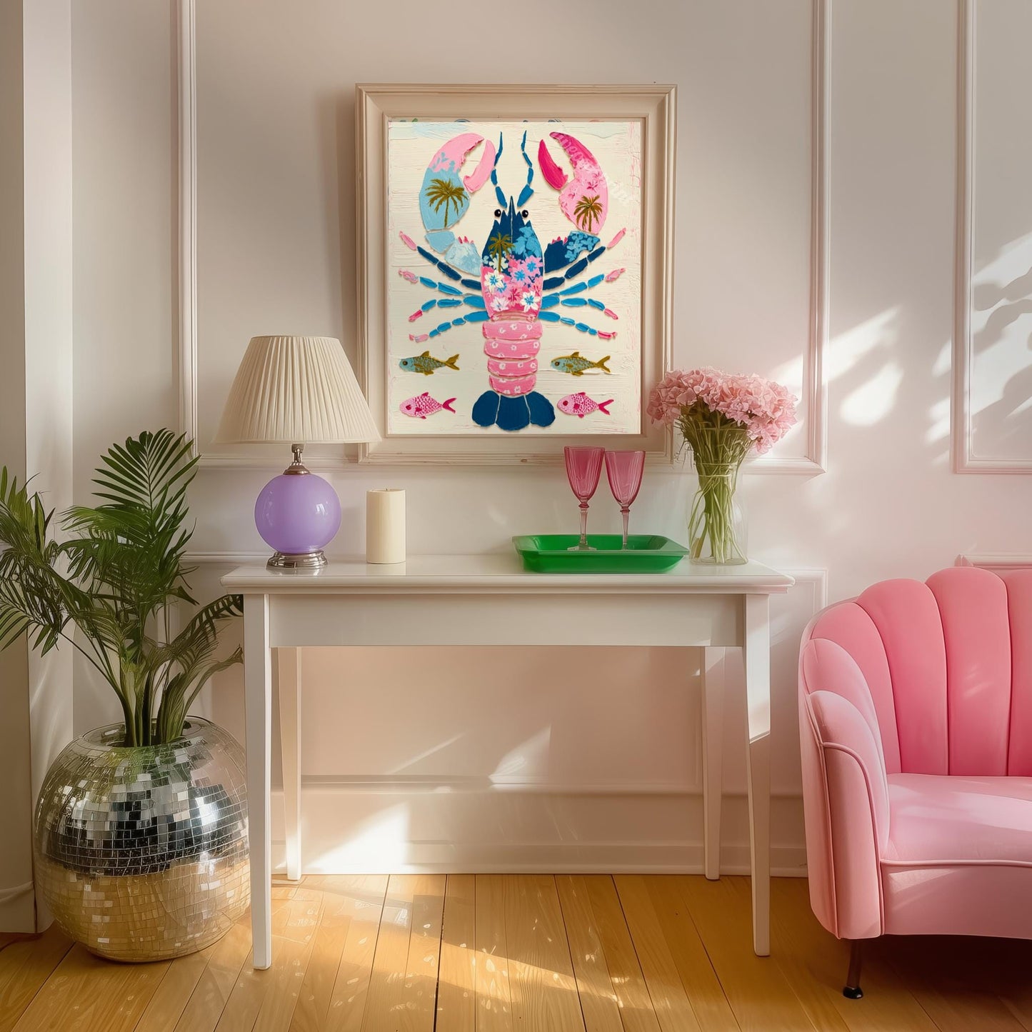 Colorful Lobster Art Print – Pink Floral Preppy Coastal Maximalism Wall Art