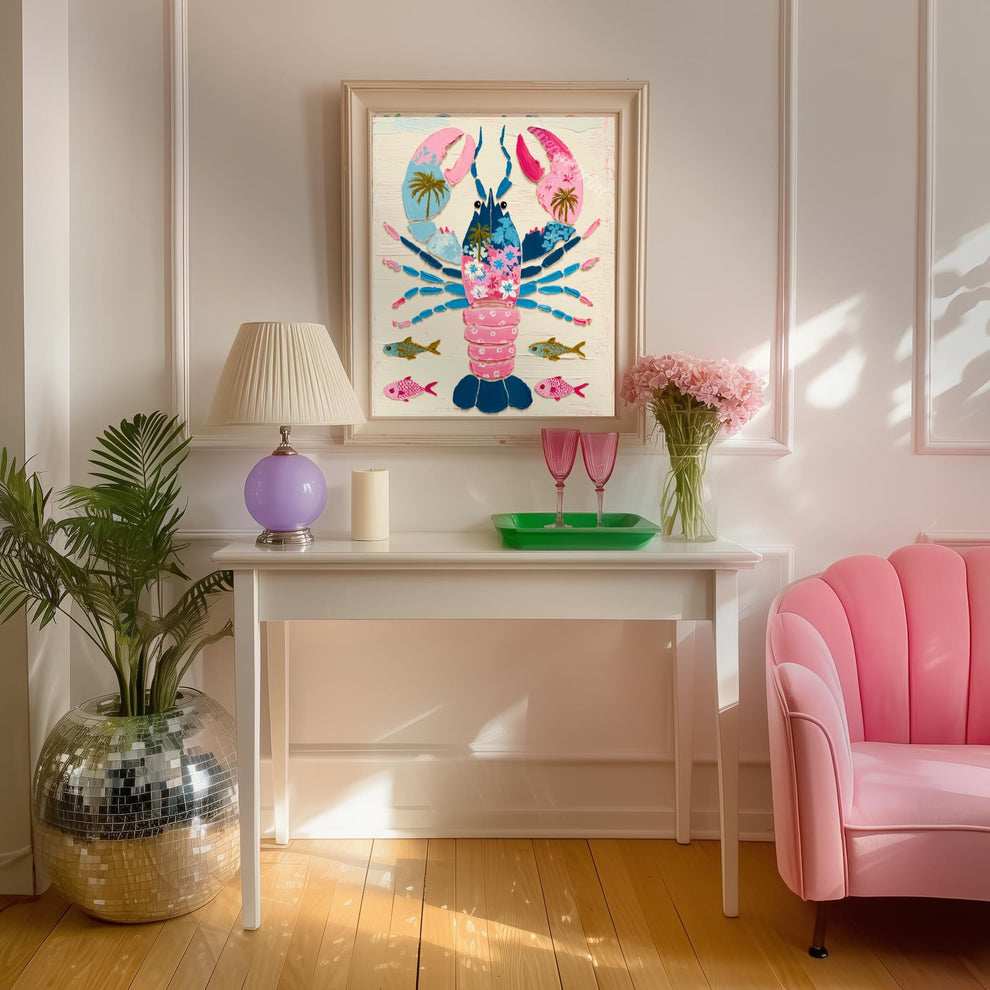 Colorful Lobster Art Print – Pink Floral Preppy Coastal Maximalism Wall Art