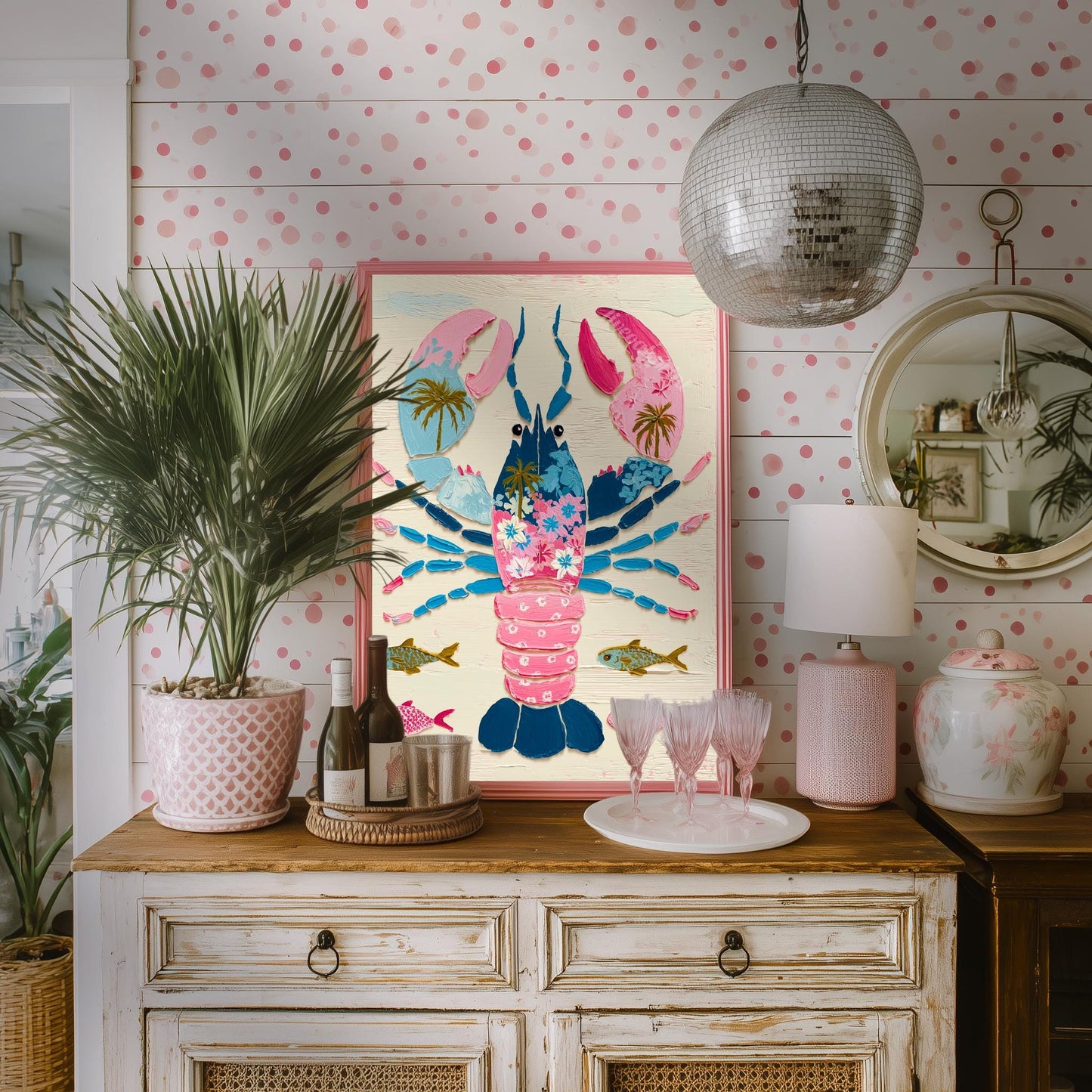 Colorful Lobster Art Print – Pink Floral Preppy Coastal Maximalism Wall Art
