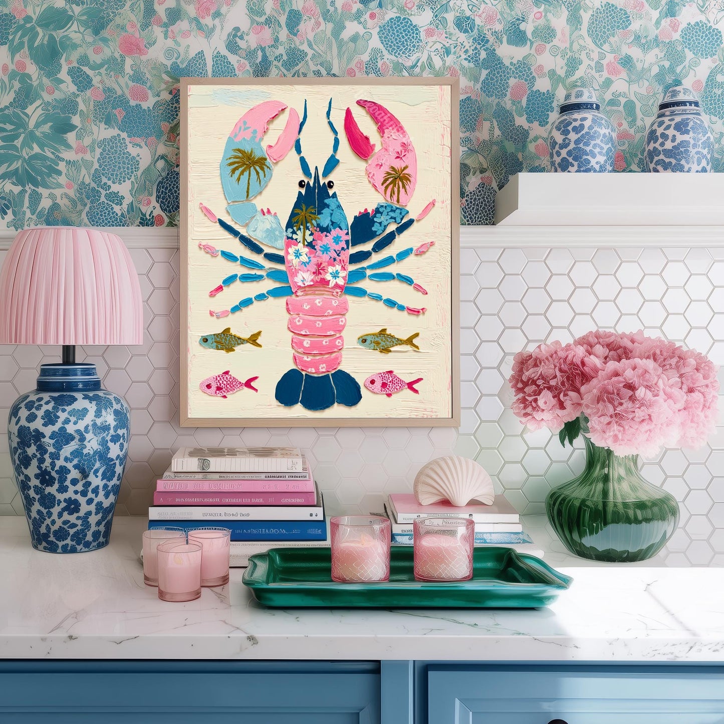 Colorful Lobster Art Print – Pink Floral Preppy Coastal Maximalism Wall Art