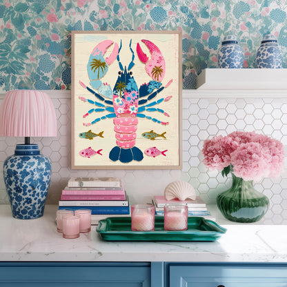 Colorful Lobster Art Print – Pink Floral Preppy Coastal Maximalism Wall Art