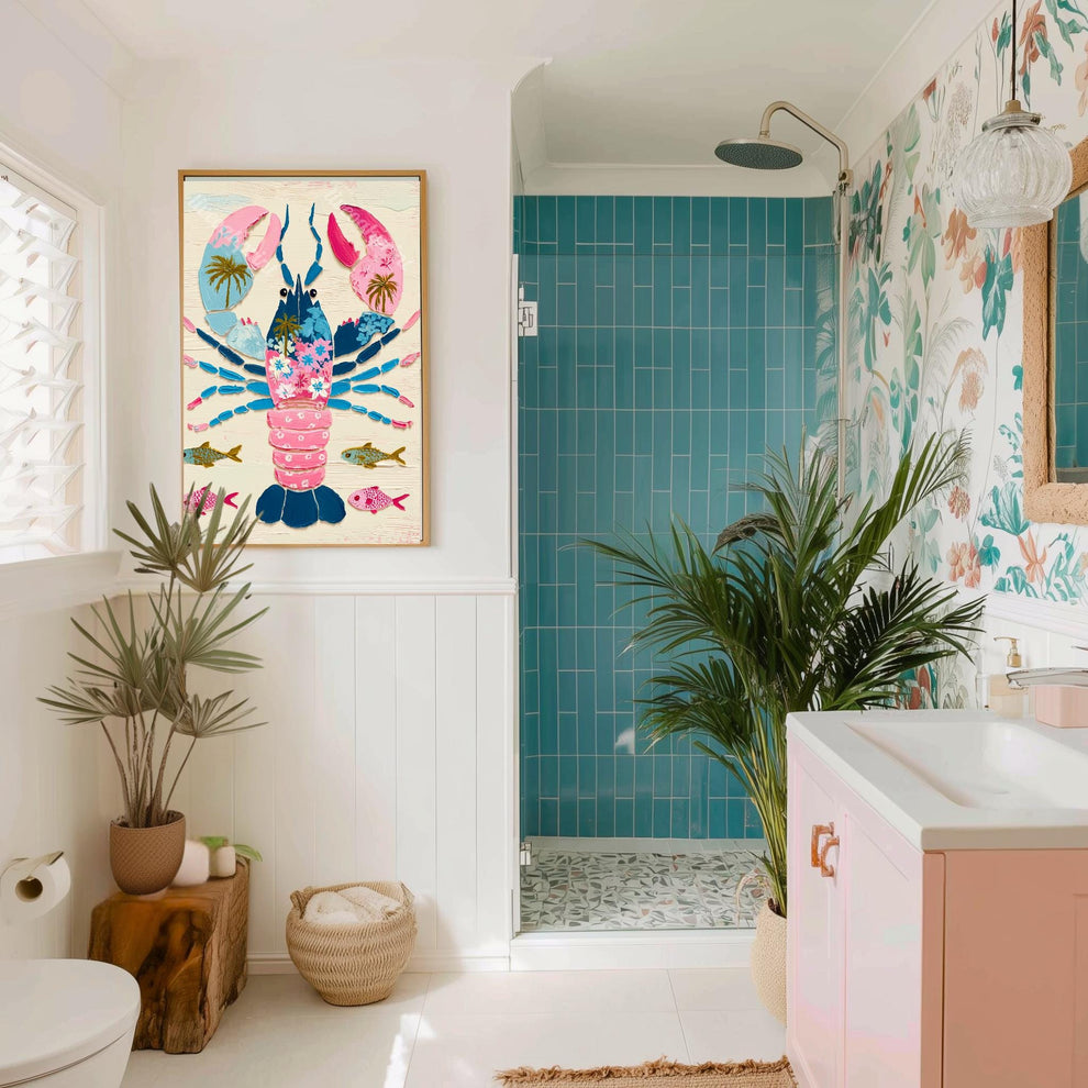 Colorful Lobster Art Print – Pink Floral Preppy Coastal Maximalism Wall Art