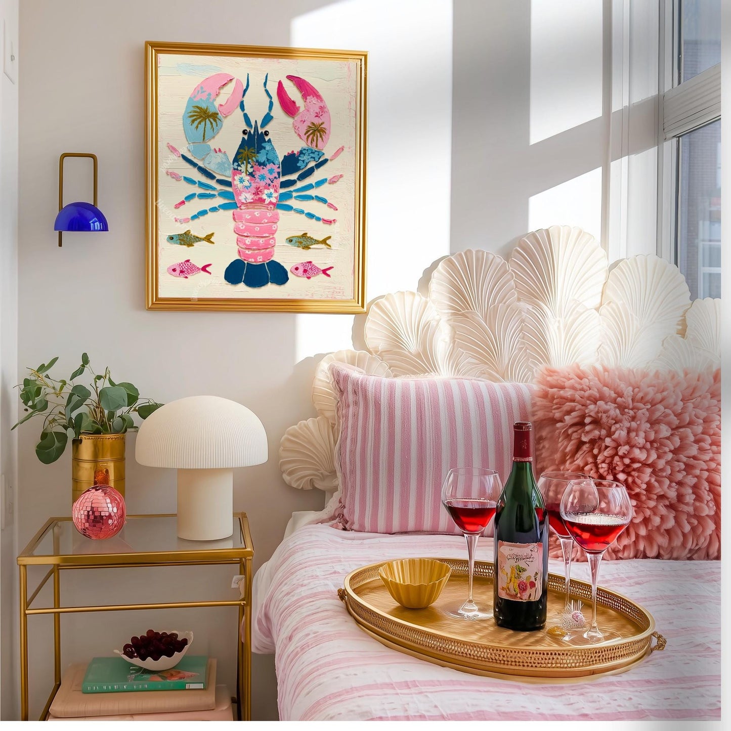 Colorful Lobster Art Print – Pink Floral Preppy Coastal Maximalism Wall Art