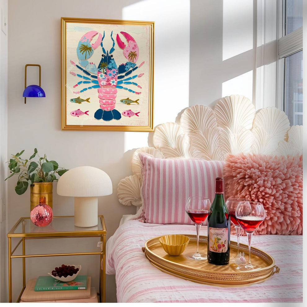 Colorful Lobster Art Print – Pink Floral Preppy Coastal Maximalism Wall Art